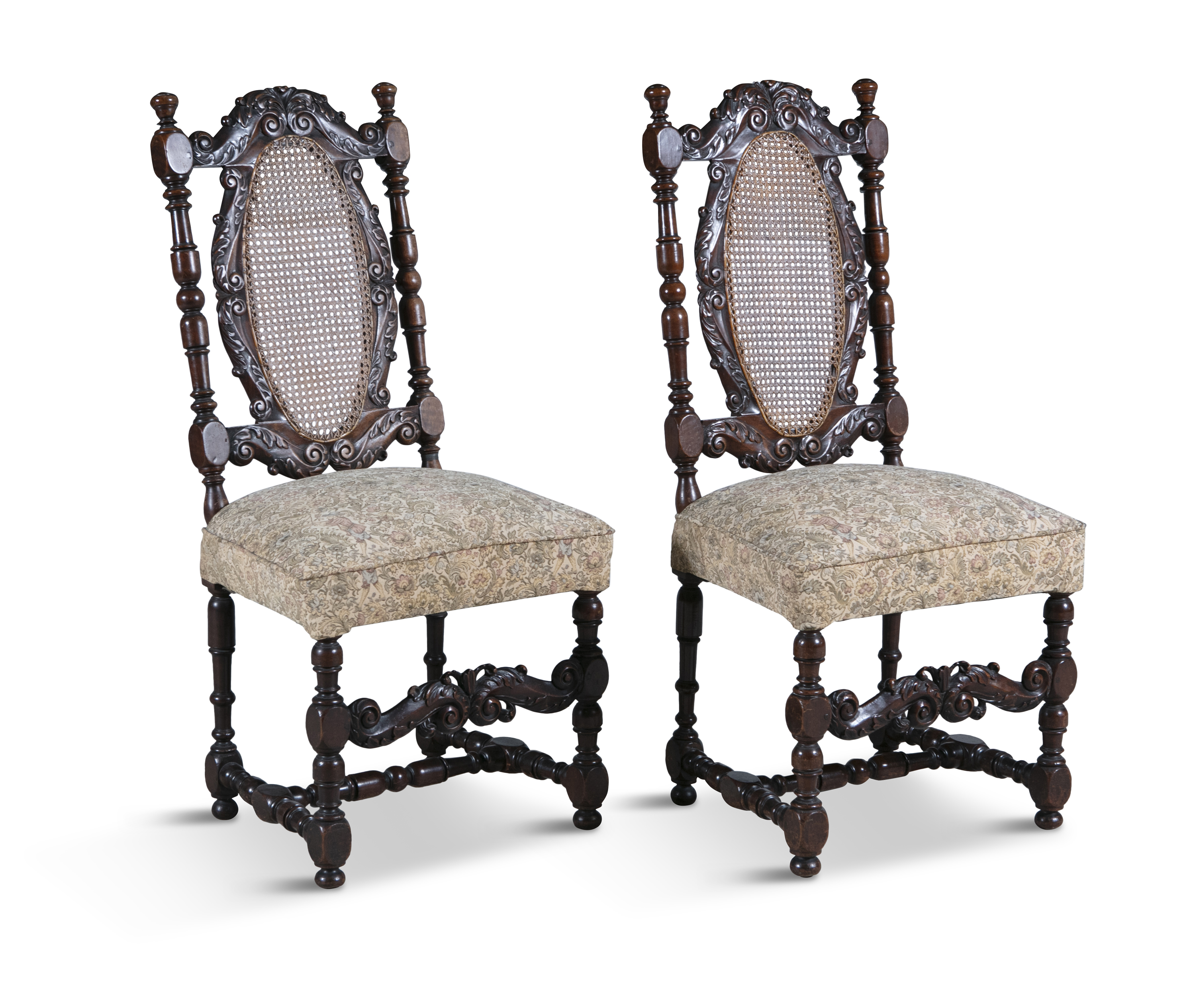 A PAIR OF WALNUT STAINED AND CARVED FRAME SIDE CHAIRS, with oval cane panel backs, the crests with - Image 2 of 5