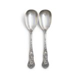 A PAIR OF VICTORIAN SILVER SERVING SPOONS, London 1872, mark of H J Lias & Son, with plain bowls and