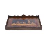 AN ITALIAN WALNUT AND MARQUETRY INMLAID GALLERY TRAY, 19th century, of rectangular form with wavy