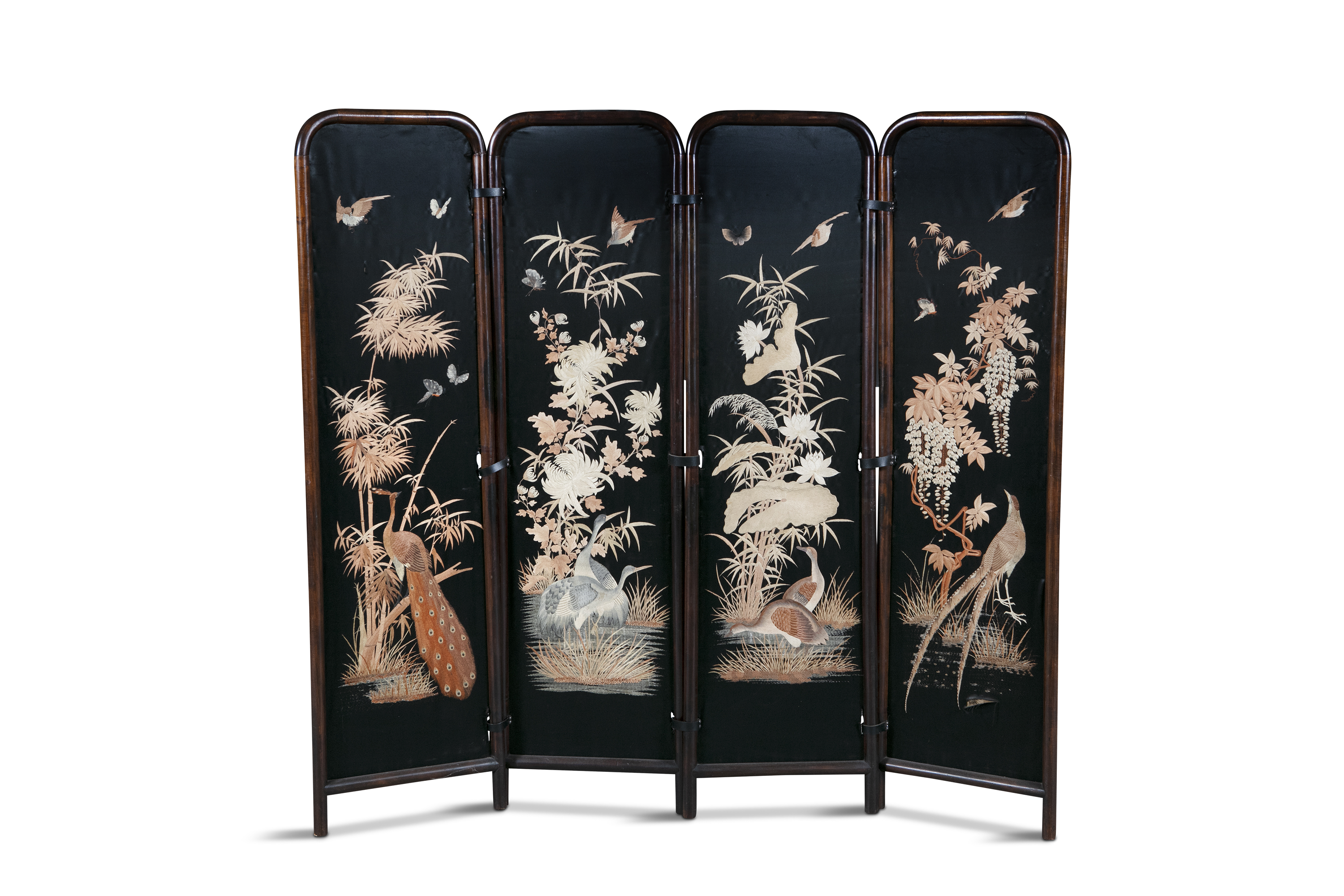 AN ORIENTAL BAMBOO FRAMED FOUR FOLD DRESSING SCREEN, the panels with fine needlework depicting