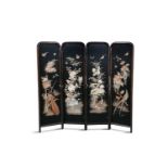 AN ORIENTAL BAMBOO FRAMED FOUR FOLD DRESSING SCREEN, the panels with fine needlework depicting