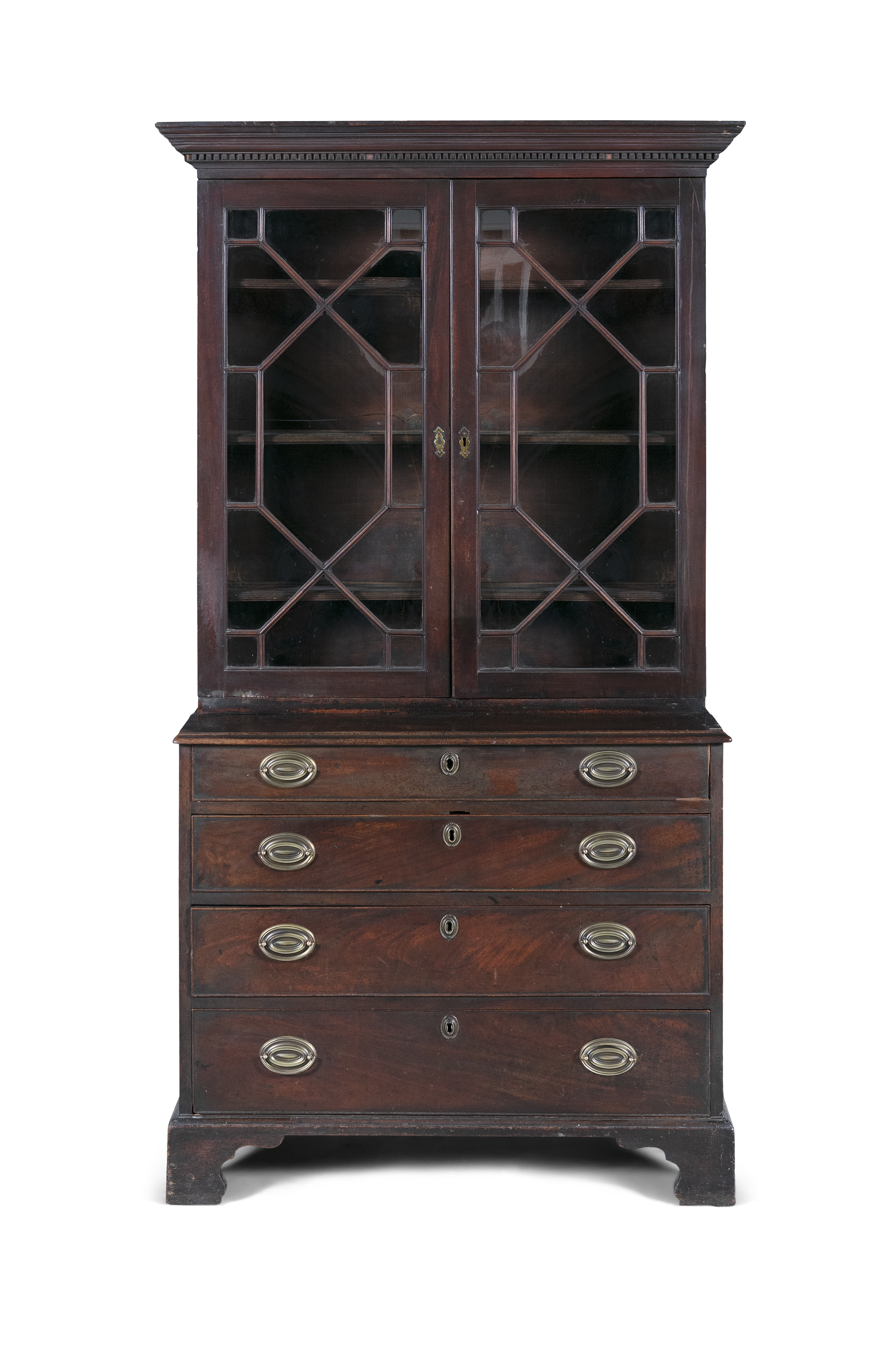 A 19TH CENTURY MAHOGANY COMPOSED BOOKCASE, with moulded dentil cornice above twin astragal glazed