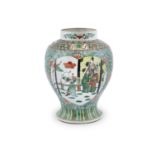 A CHINESE FAMILLE VERTE BALUSTER JAR, 19th century with short upright collar, the body painted