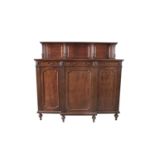 AN EDWARDIAN MAHOGANY BREAKFRONT CHIFFONIER, with raised superstructure, the top shelf supported