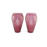 A PAIR OF LARGE BOHEMIAN RUBY AND CLEAR GLASS VASES, c.1930s, of ovoid from, cut with slices and