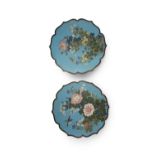 A PAIR OF JAPANESE SKY BLUE CLOISONNE DISHES, 19th century, each of shaped circular form, with