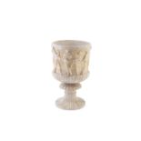A CARVED ALABASTER CAMPAGNA SHAPED URN with a continuous frieze of classical figures, 50cm high,