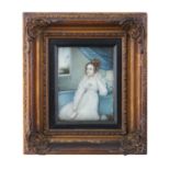 IRISH SCHOOL (EARLY 19TH CENTURY)Portrait of a young lady in whiteWatercolour on ivory panel, 12.5 x