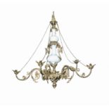 A FRENCH CAST BRASS FOUR BRANCH CHANDELIER, (electrified) with opaque white glass column, hung