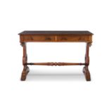 A VICTORIAN MAHOGANY TWO DRAWER LIBRARY TABLE, of rectangular form, raised on pierced trestle-end