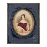 VICTORIAN SCHOOL (19TH CENTURY)Portrait of a lady young in crimson dressOval, Watercolour, 25 x 19cm