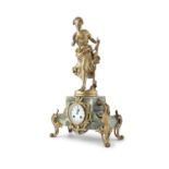 A FRENCH ONYX AND GILTMETAL FIGURAL MANTLE CLOCK, late 19th century, tiled Plaisir d' Ete surmounted