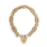 A GOLD AND AMETHYST BRACELET, of brick-link design, highlighted with oval-shaped amethysts