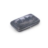 A RUSSIAN SILVER CIGARETTE BOX, .84 zoltniks, c.1890, probably Moscow, the case with niello work
