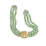 A JADE JADEITE NECKLACE, composed of three rows of jadeite beads, to a 9K gold frontispiece