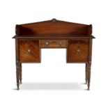 A 19TH CENTURY MAHOGANY RECTANGULAR SIDEBOARD, with raised panel back above central drawer flanked