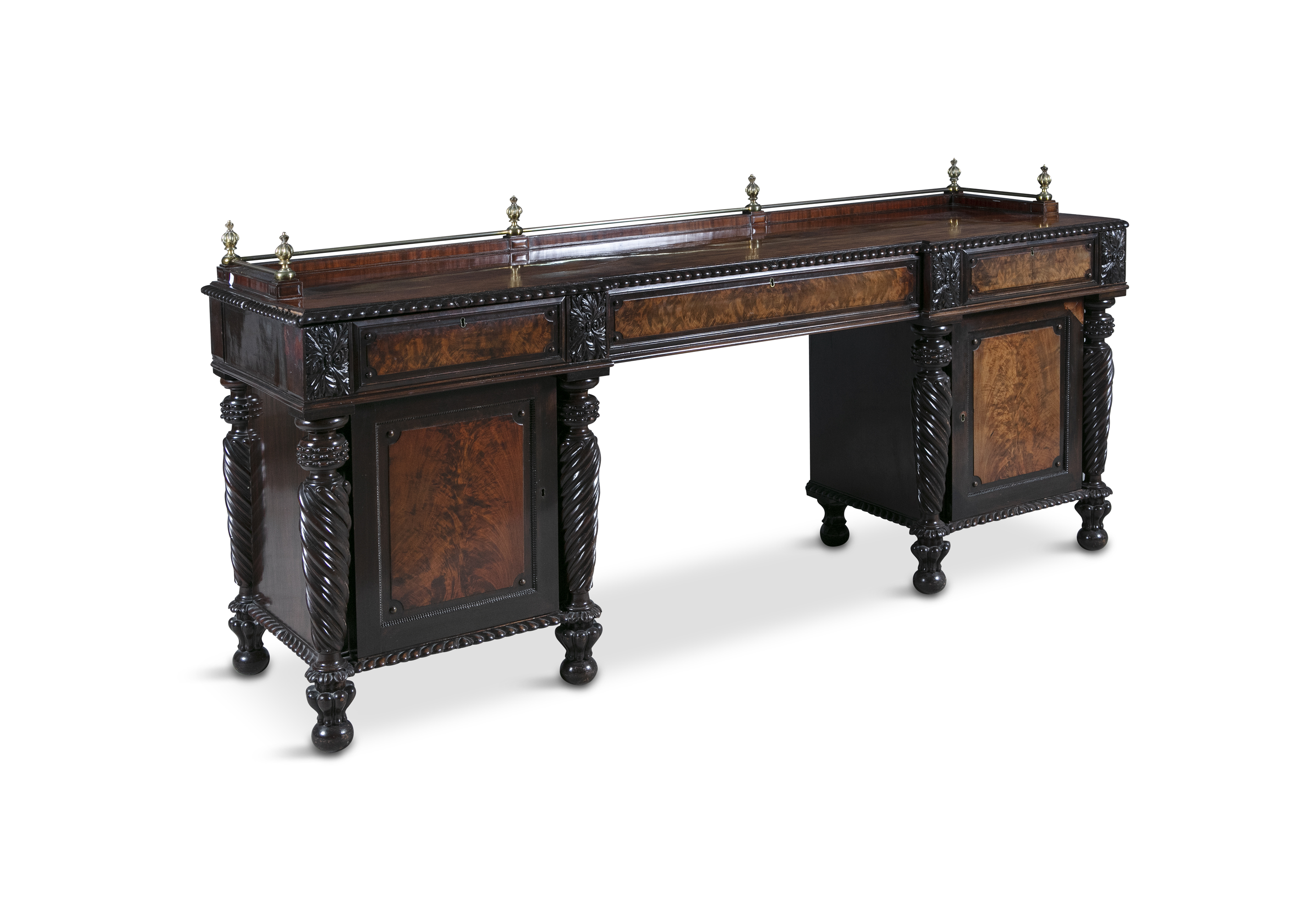 AN EARLY 19TH CENTURY MAHOGANY RECTANGULAR TWIN PEDESTAL SIDEBOARD, in the manner of Gillows of