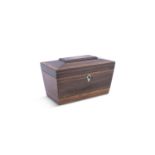 A 19TH CENTURY INLAID ROSEWOOD RECTANGULAR SARCOPHAGUS SHAPED TEA CADDY, the flat domed lid with