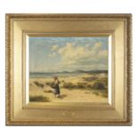 HARRY WILLIAMS (FL. 1854 - 1901)A woman carrying a creel on beach, Killary Bay, Connemara Oil on