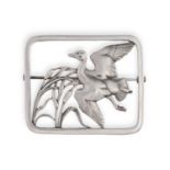 A SILVER BROOCH BY GEORG JENSEN, the rectangular-shaped frame enclosing a stylised bird in flight,