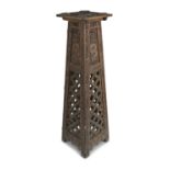 A CHINESE CARVED WOOD PEDESTAL, of tapering design, with platform top, carved with repeated