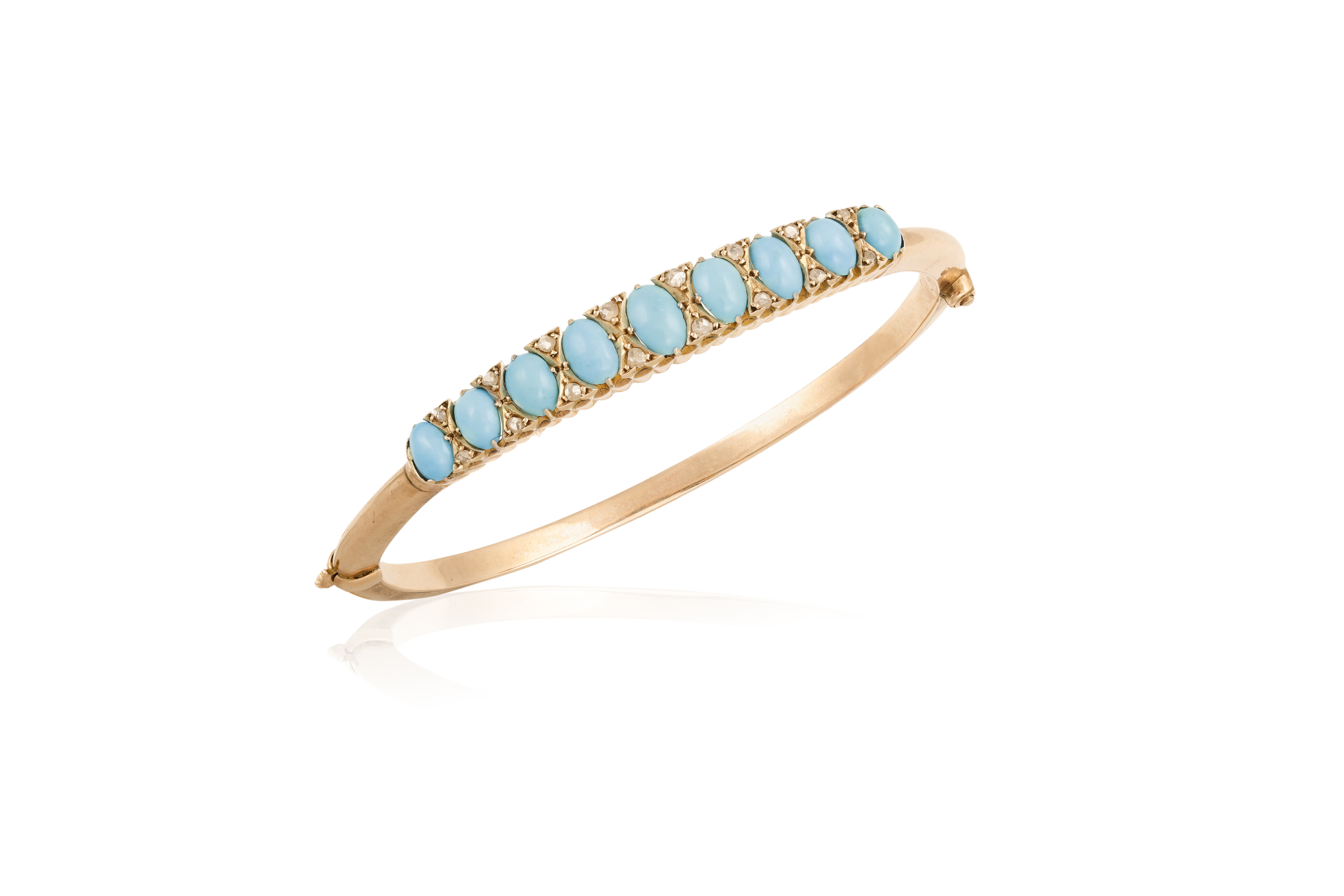 A TURQUOISE AND DIAMOND BANGLE WITH RING AND EARRINGS EN SUITE, the bangle set with cabochon - Image 2 of 4