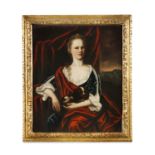 ENGLISH SCHOOL (18TH CENTURY)Portrait of a lady seated, holding a spaniel, with distant landscapeOil