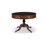 A 19TH CENTURY MAHOGANY CIRCULAR DRUM TABLE, with plain moulded top above four quadrant drawers