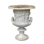 A CAST IRON BORGHESE GARDEN URN, 19th Century, of campagna form, the body with continuous frieze