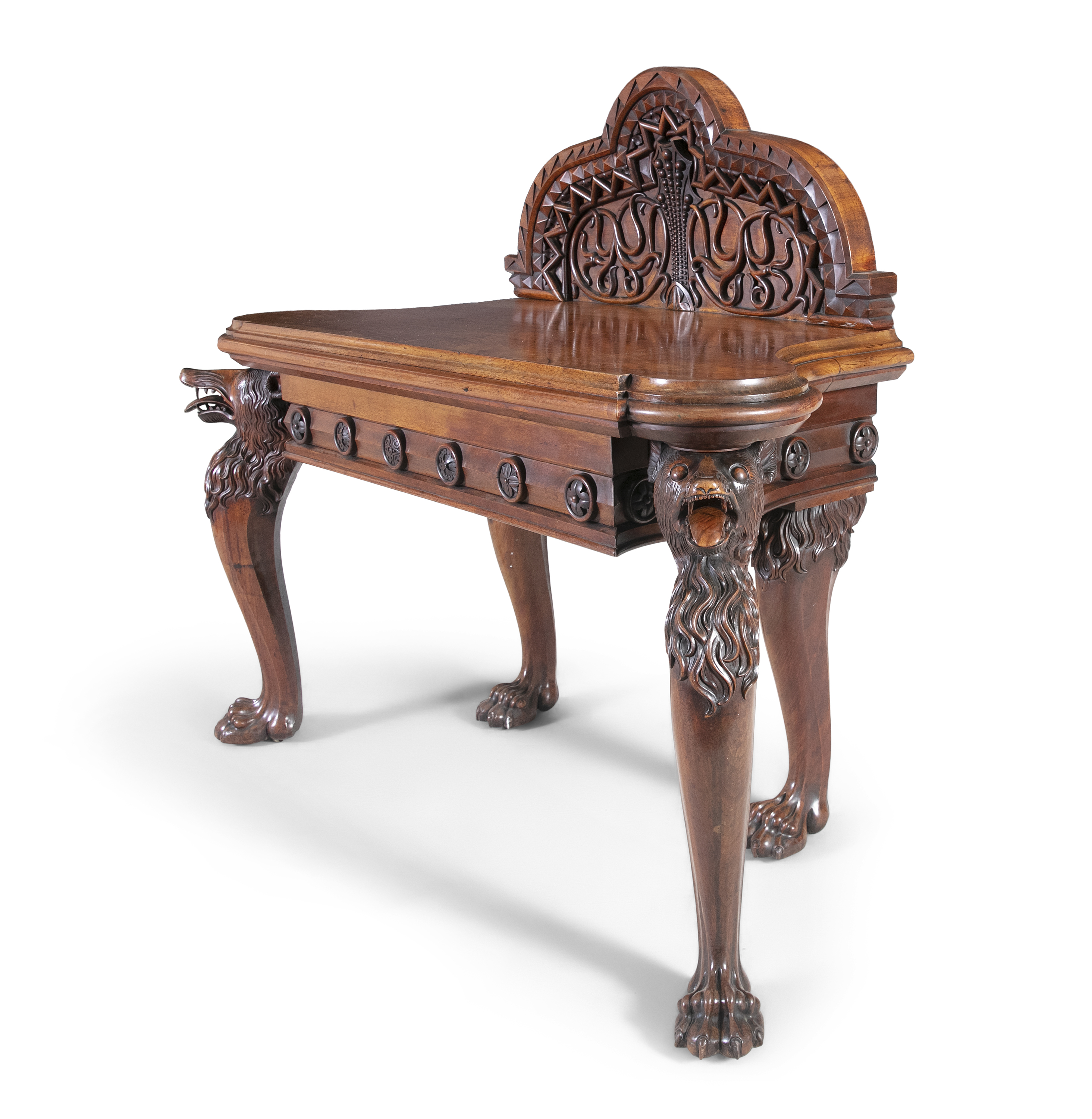 A 19TH CENTURY IRISH WALNUT SIDE TABLE, the arched backboard heavily carved with geometric bands and - Image 3 of 3