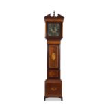 AN IRISH EARLY 19TH CENTURY INLAID MAHOGANY LONGCASE CLOCK, with broken pediment centered with an