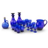 A COLLECTION OF 19TH CENTURY AND LATER BRISTOL BLUE GLASSWARE, comprising: six tumblers, six wine