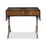 A GEORGE IV INLAID MAHOGANY DOUBLE DROP LEAF SOFA TABLE, fitted twin frieze drawers with brass