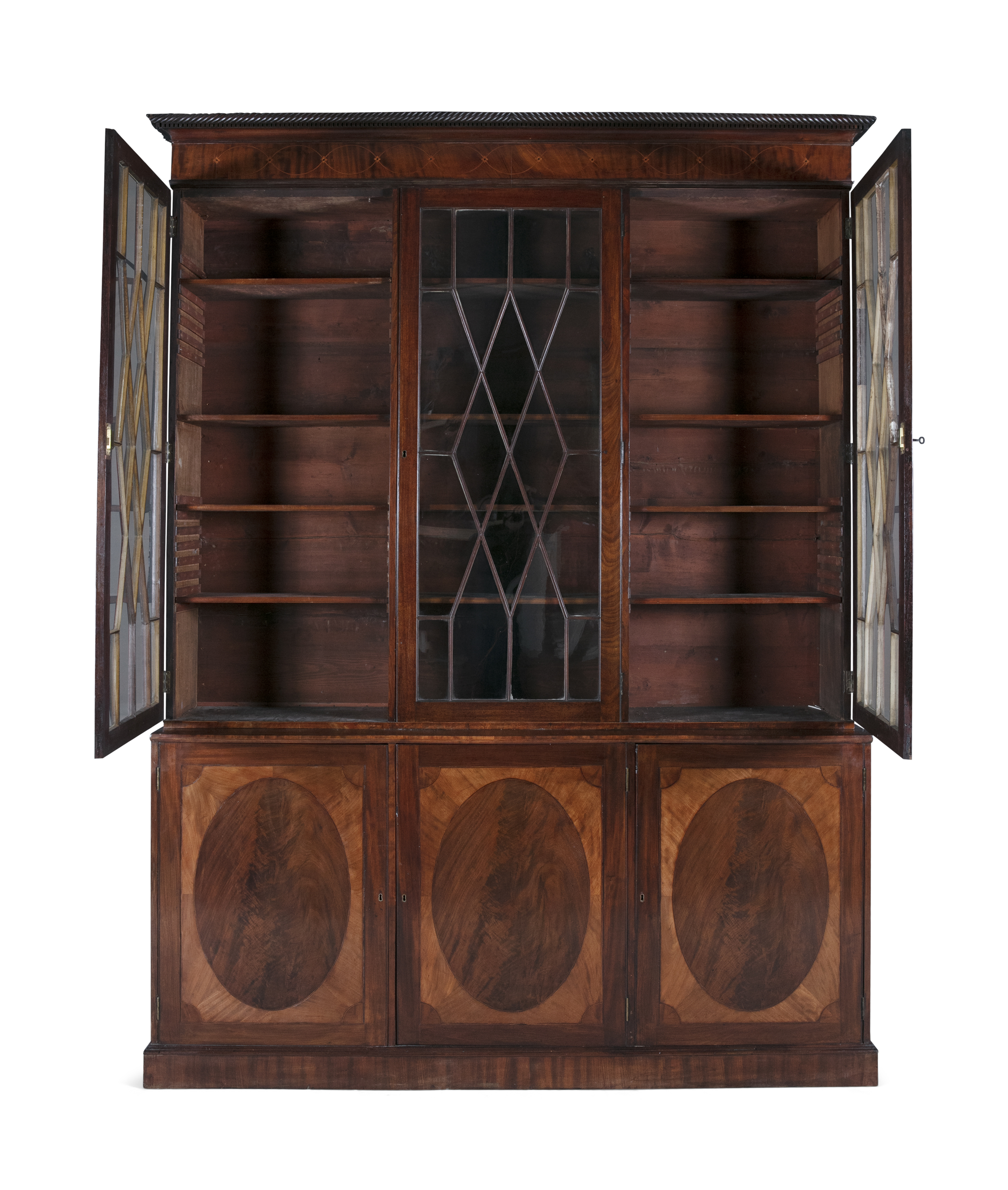 A 19TH CENTURY INLAID MAHOGANY BOOKCASE, fitted three astragal glazed panel doors enclosing a - Image 2 of 2