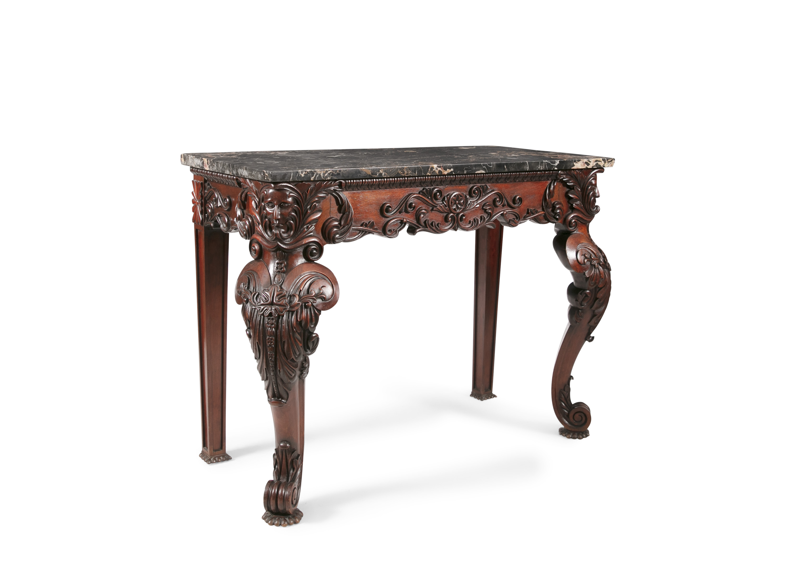 A WILLIAM IV MAHOGANY AND MARBLE TOP SIDE TABLE, c.1830 of rectangular shape with sienna marble