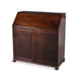 A 19TH CENTURY MAHOGANY SLOPE FRONT BUREAU, fitted interior raised above twin shallow drawers on a