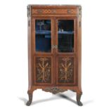 A KINGWOOD AND MARQUETRY DISPLAY CABINET, in Louis XV style, probably Dutch, with grey marble top