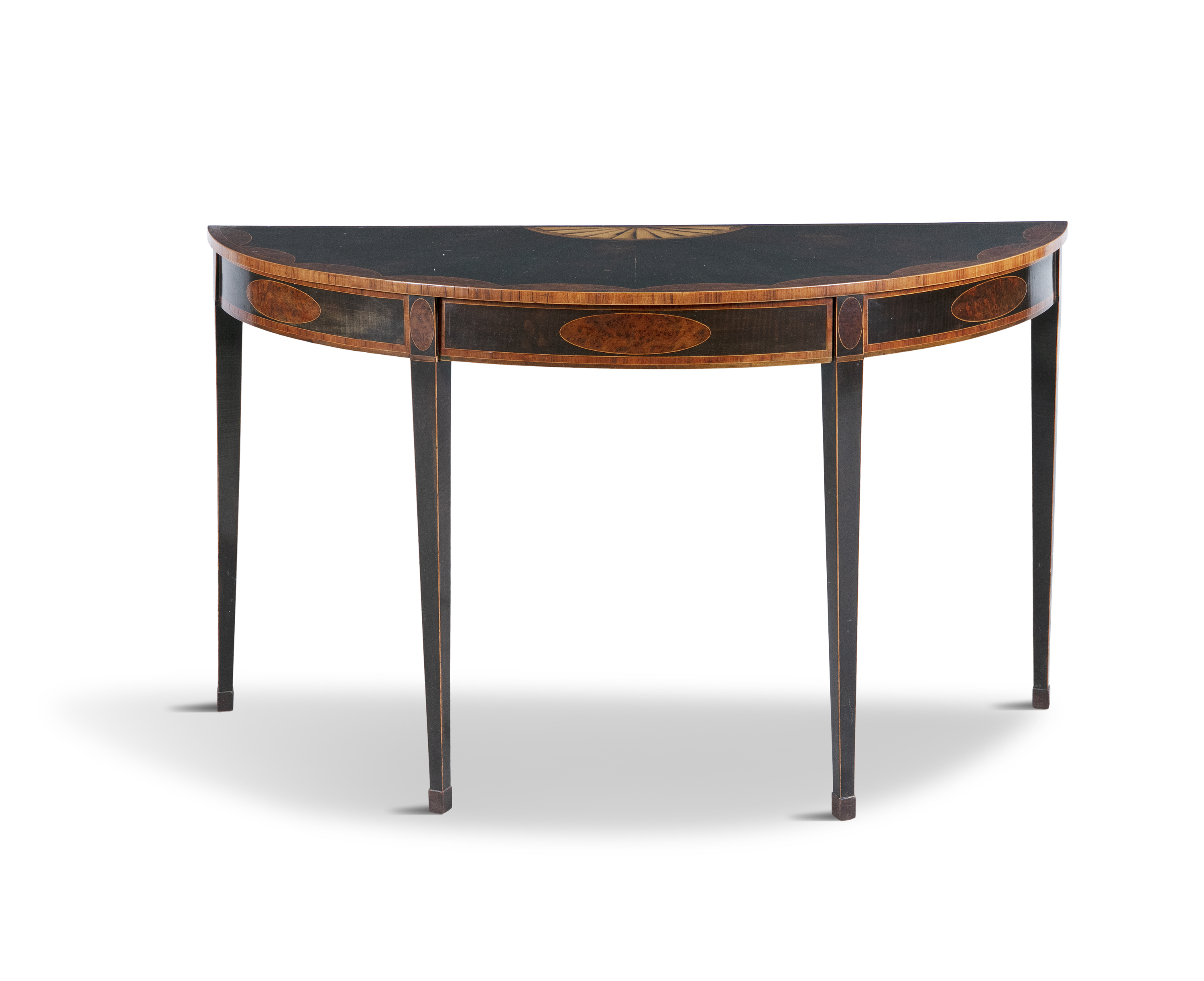 A LARGE GEORGE III SEMI ELLIPTICAL SIDE TABLE, the shaped top inlaid with radial sunburst and