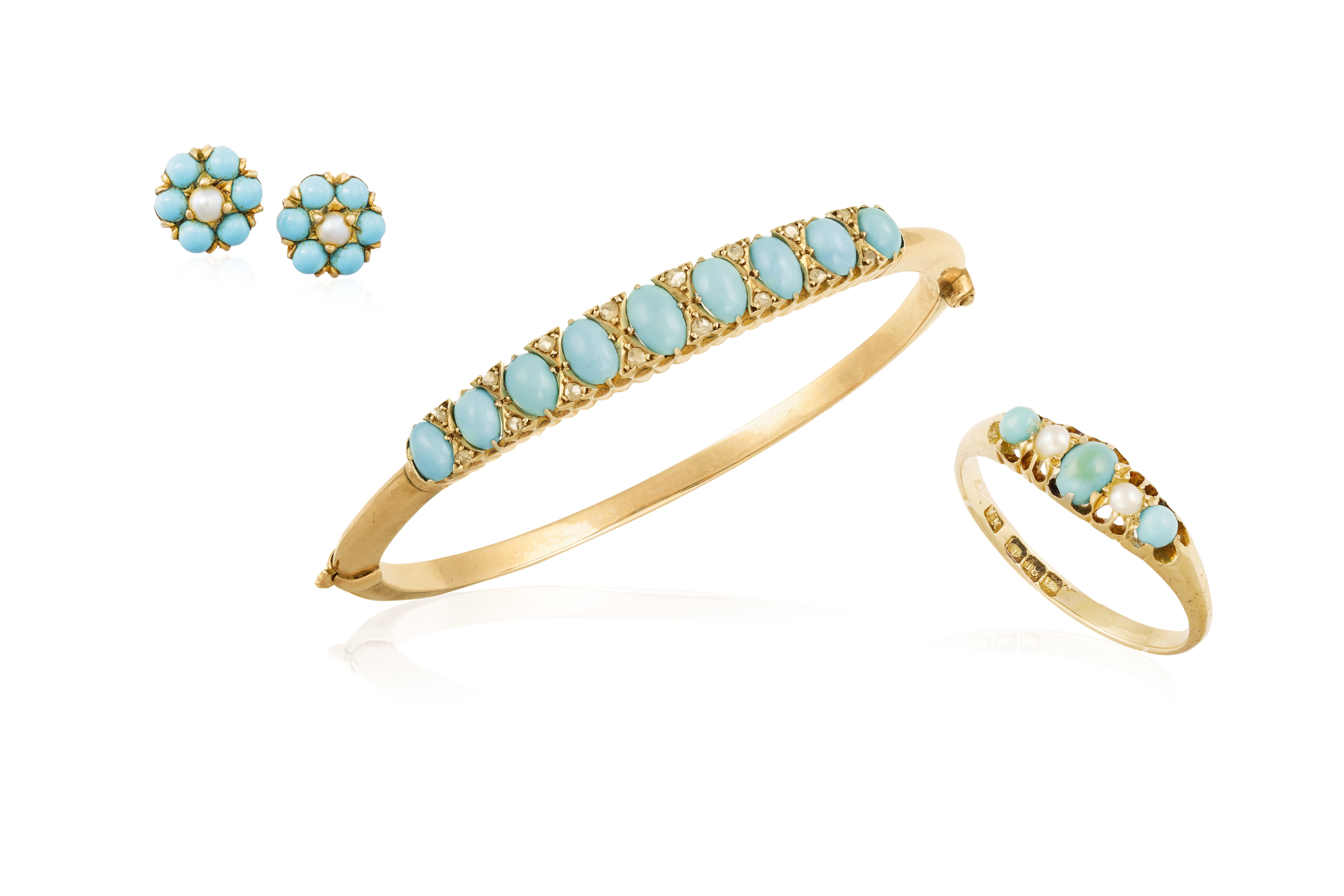 A TURQUOISE AND DIAMOND BANGLE WITH RING AND EARRINGS EN SUITE, the bangle set with cabochon