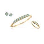 A TURQUOISE AND DIAMOND BANGLE WITH RING AND EARRINGS EN SUITE, the bangle set with cabochon