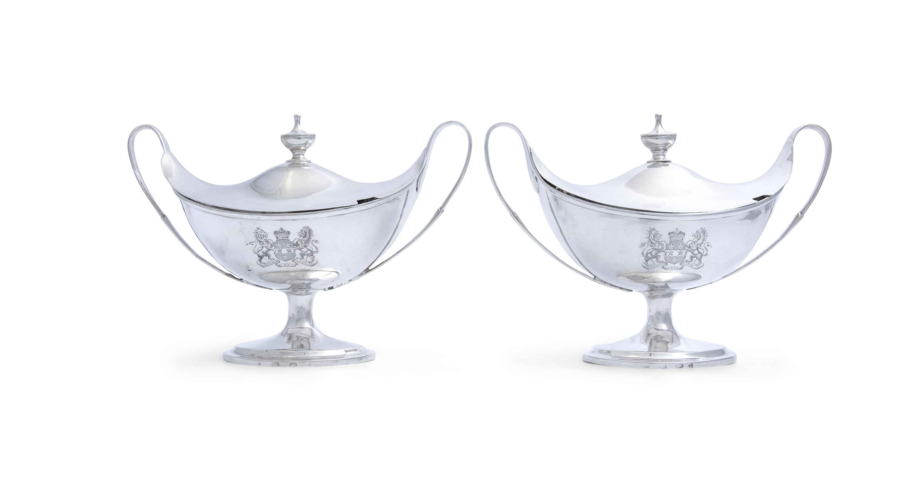 A PAIR OF GEORGE III IRISH NAVETTE SHAPED SILVER SAUCE TUREENS AND COVERS, Dublin c.1794, maker's