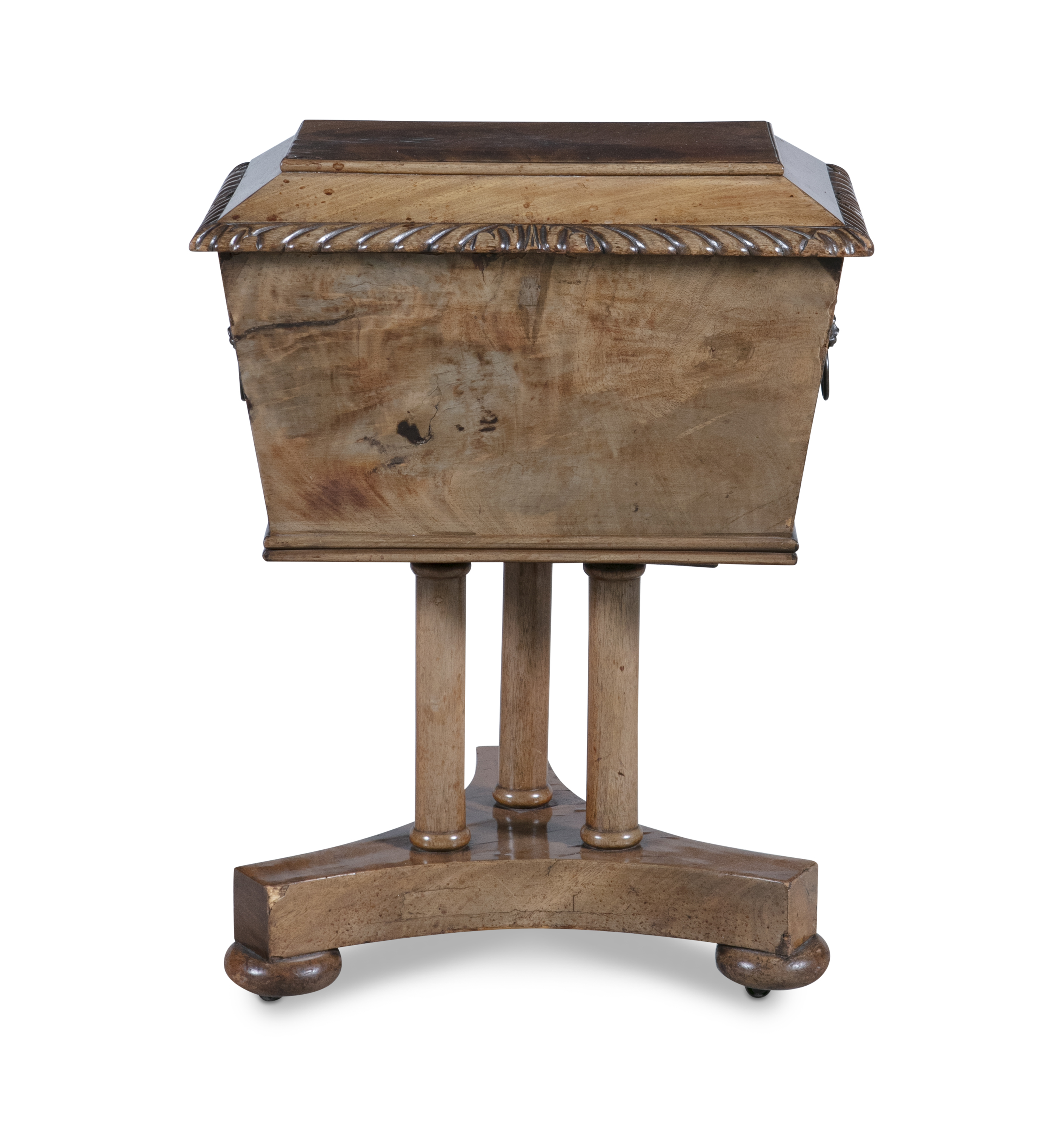 A GEORGE IV MAHOGANY RECTANGULAR CELLARETTE, with flat domed lid and gadroon rim, raised on triple