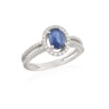 A SAPPHIRE AND DIAMOND RING, the oval-shaped sapphire within a surround of round brilliant-cut