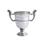 AN EDWARDIAN SILVER TWO HANDLED PRESENTATION CUP, London 1905, marker's mark rubbed, inscribed '