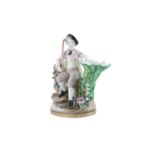 A GERMAN FIGURAL PORCELAIN GROUP, 19th century, modelled as a young gardener holding a rake and