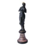 AFTER MOREAU, CONTRAPPOSTO BRONZE SCULPTURE of nymph with dove and crown on rouge marble base,