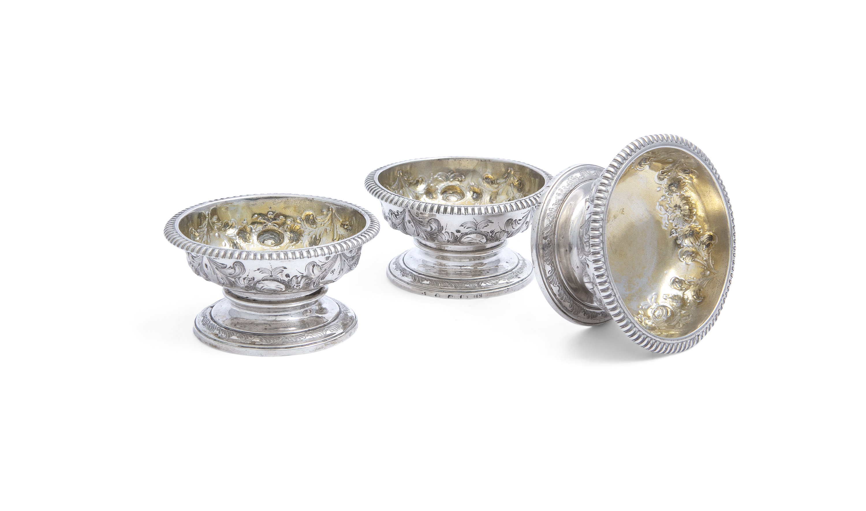 A SET OF THREE GEORGE III IRISH SILVER OPEN SALT CELLARS, Dublin c.1771, maker's mark of James Fray, - Image 2 of 3