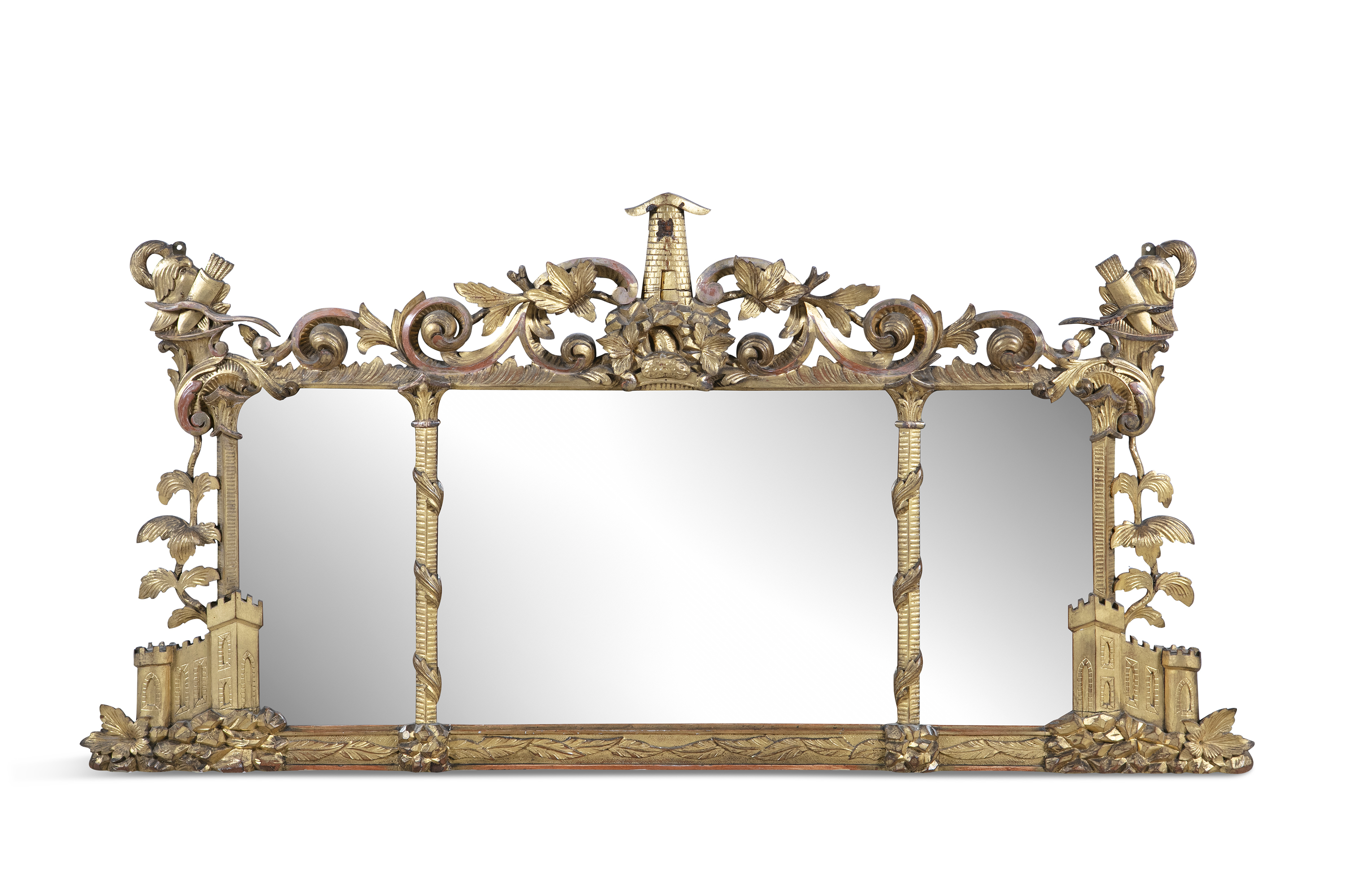 A 19TH CENTURY CARVED GILTWOOD COMPARTMENTED OVERMANTLE MIRROR, the frame surmounted with stylised
