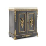 A FRENCH EBONISED AND WHITE MARBLE TOP TABLE CABINET, 19th century with gilt metal mounts, 33cm