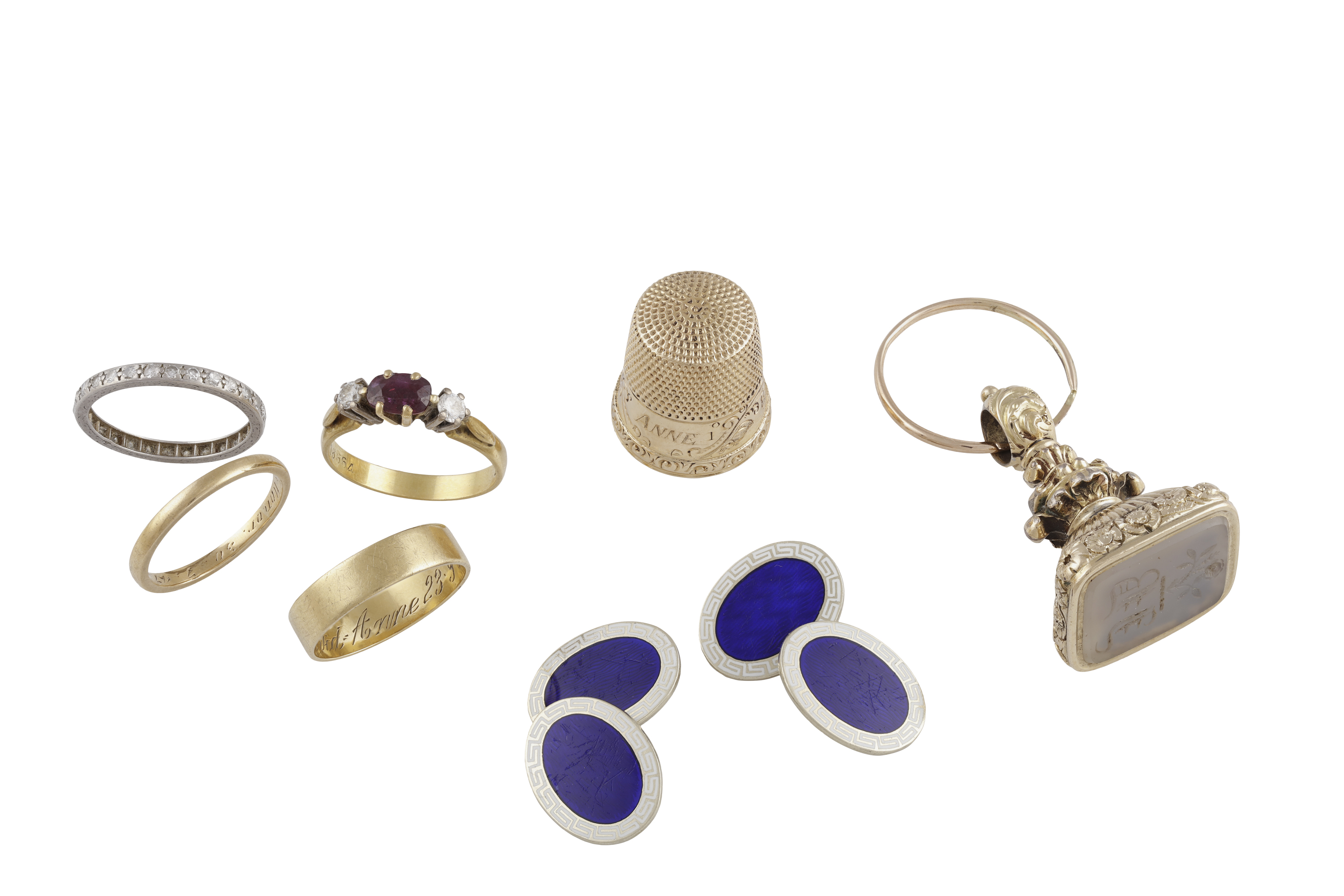 A GROUP OF JEWELLERY, comprising a pair of 9k gold cufflinks with blue enamel; A 9K gold butterfly - Image 2 of 2